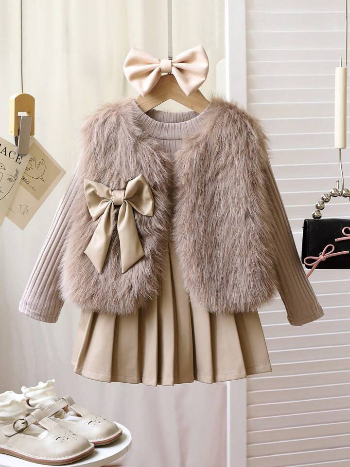 3pcs Fashionable Girls' Wool Vest Coat, Long Sleeve Knit Top And Half-Body Leather Skirt Set, Spr... | SHEIN