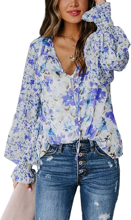 SHEWIN Women's Casual Boho Floral Print V Neck Long Sleeve Drawstring Tops Loose Blouses Button D... | Amazon (US)