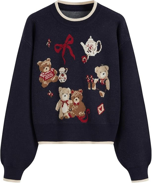 CIDER Women's Fall Sweaters Long Sleeve Cute Sweaters Bear Graphic Crewneck Soft Knit Casual Crop... | Amazon (US)