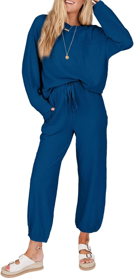 SHEWIN Women's 2 Piece Outfits Waffle Knit Lounge Sets Casual Long Sleeve Pullover Drawstring Jog... | Amazon (US)