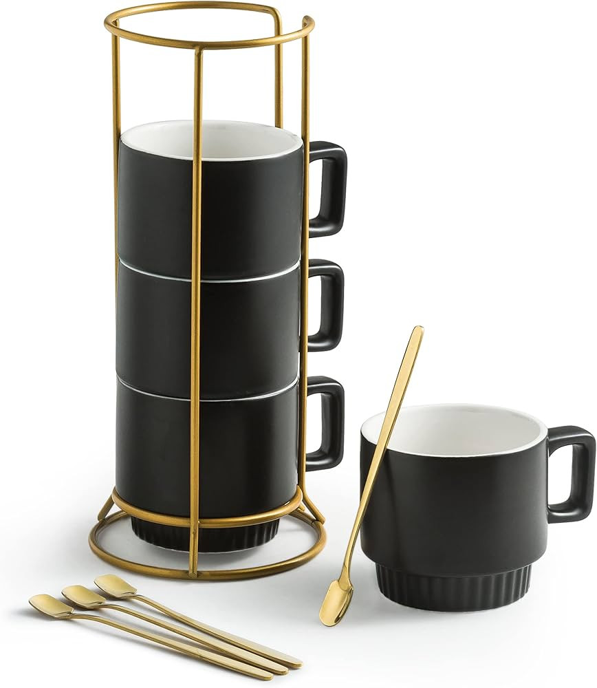 Stackable Coffee Mugs with Stand, 11oz Ceramic Latte Cup Set of 4 for Espresso Cappuccino Tea Hot... | Amazon (US)