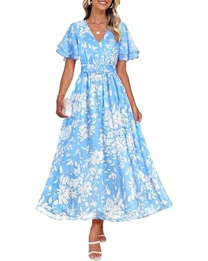 ZESICA Women's 2026 Summer Floral V Neck Midi Dress Boho Short Sleeve High Waist Flowy Beach Vaca... | Amazon (US)