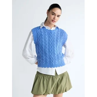 Free Assembly Women's Scalloped Cable Knit Cotton Vest, Sizes XS-XXL | Walmart (US)