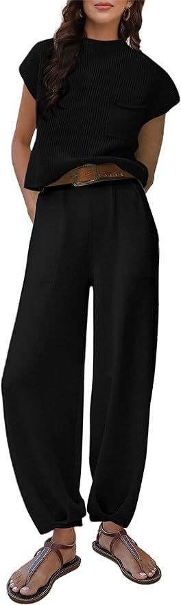 Yeokou Women's 2 Piece Sweater Sets Cap Sleeve Knit Top Deep Pockets Pants Lounge Sets | Amazon (US)