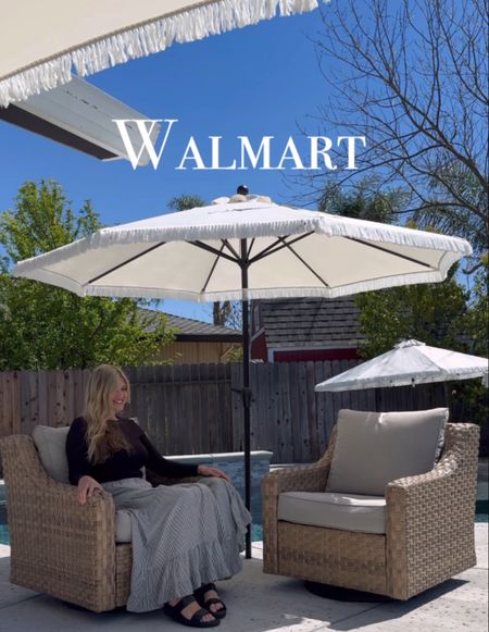 @walmart patio umbrella. Love the white with the fringe but it comes in other colors too! 7’ or 9’ available. My rocker glider chairs. #walmartpartner #walmarthome

#LTKHome #LTKSeasonal #LTKSaleAlert