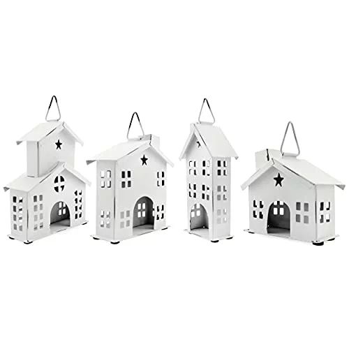 Rustic White Tin Ornaments (Set of 4 Houses, White); Vintage Style Metal - Walmart.com | Walmart (US)