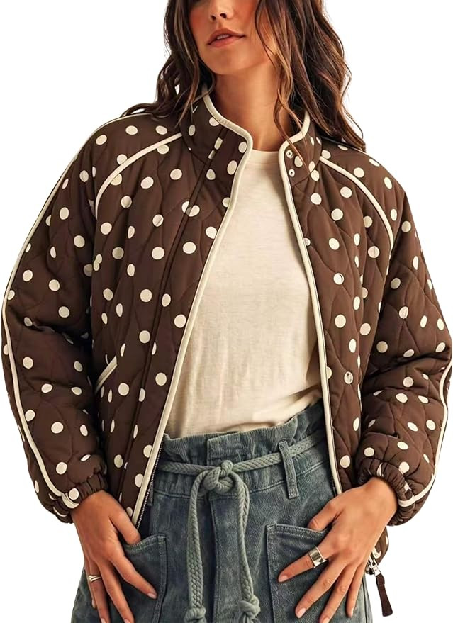 InterNos Womens Polka Dot Quilted Jacket Funnel Neck Cropped Padded Coat | contrast piping trim, ... | Amazon (US)