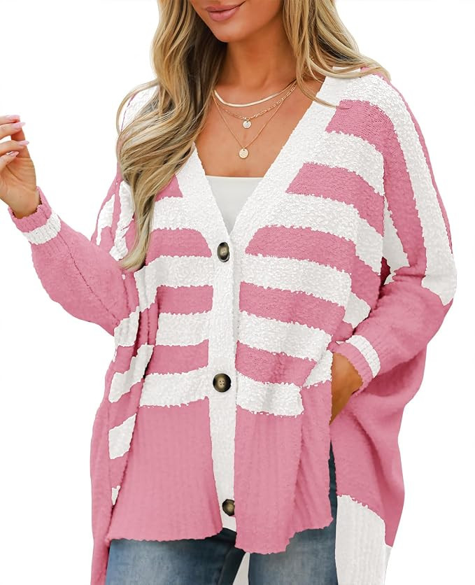Saodimallsu Womens Oversized Striped Cardigan Fuzzy Knit Fall Sweaters | Amazon (US)