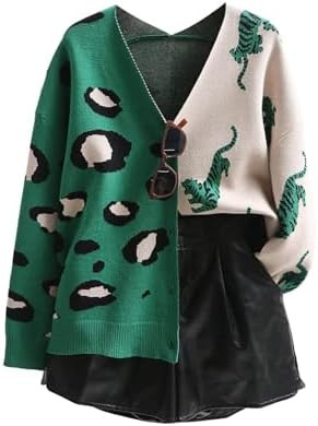 WDIRARA Women's Leopard Tiger Print Cardigan V Neck Long Sleeve Color Block Button Down Sweater O... | Amazon (US)