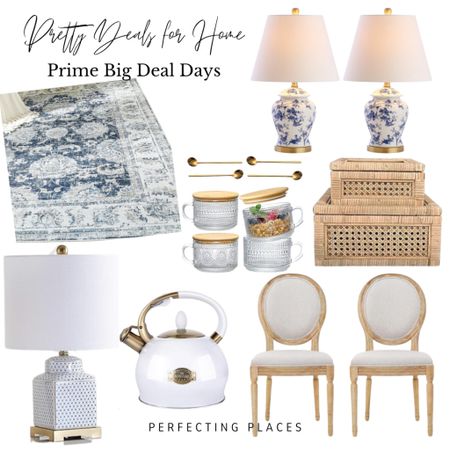 Shop theses Prime Big Deal Day finds — blue and white area rug, pair of blue and white lamps, vintage mug, set, rattan boxes with lids, white tea, kettle, pair of French country, dining chairs

#LTKstyletip #LTKhome #LTKxPrime