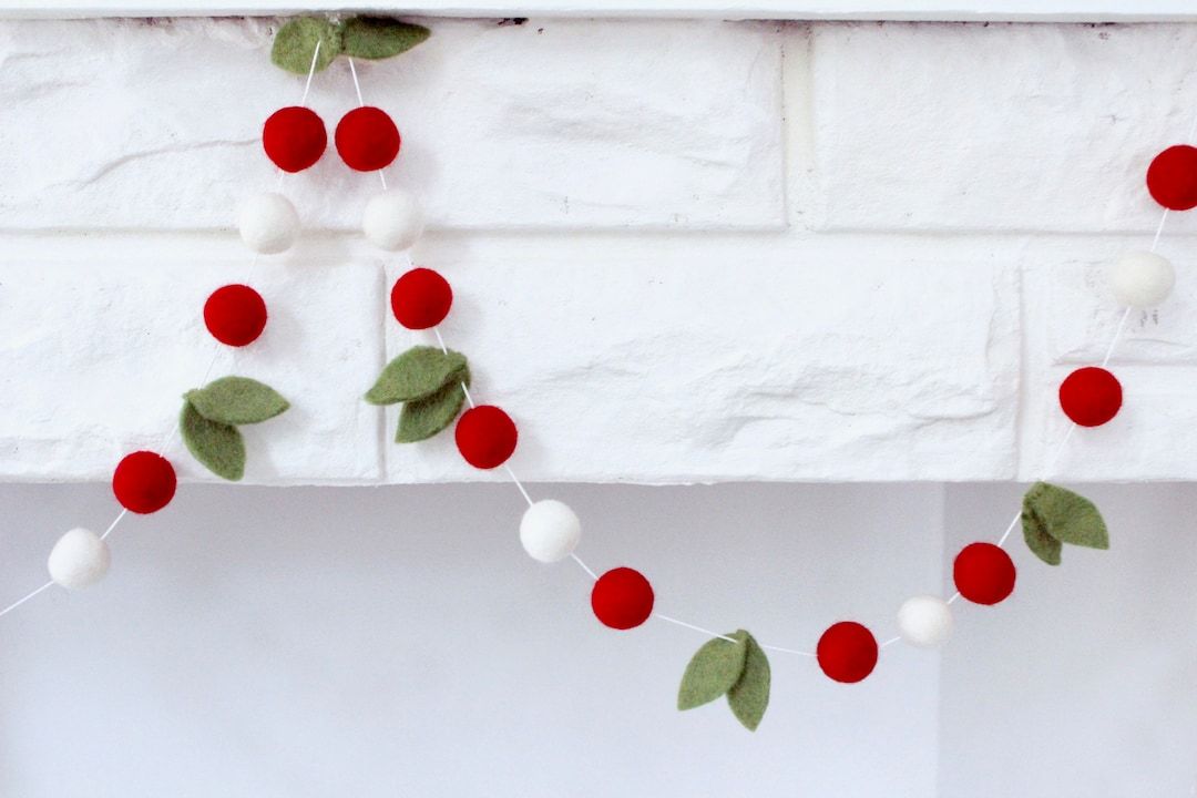 Merry Berry- Red & White Felt balls with hand-cut green leaves- Christmas garland decor | Etsy (US)