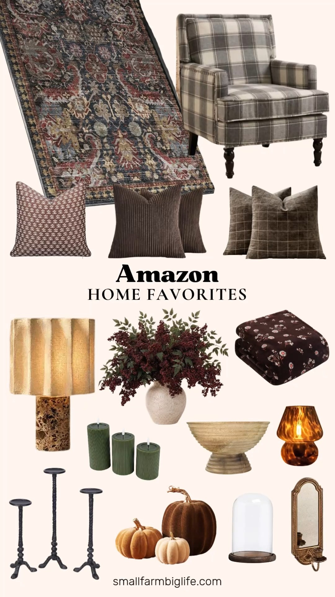Amazon Home Favorites 🍂 Cozy up your space for the season with these Amazon home finds in warm browns, deep greens, and rich plum tones. They make fall decor so easy! Start with a rust and navy washable vintage area rug and a grey and cream plaid accent chair with a mid century wood frame. Layer in texture with a French roast brown floral plush throw blanket, chocolate corduroy pillow covers, brown plaid chenille pillow covers, and a cocoa brown block print pillow cover. For warm lighting, there's a dark brown tortoiseshell mushroom lamp, a cordless dark coffee marble table lamp with a pleated linen shade, and loden green ribbed flameless LED candles. Style your mantel or coffee table with black cast iron pillar candle holders, a vintage gold mirrored candle sconce, a ridged mango wood footed bowl, a glass cloche with a burnt wood base, brown and cream velvet pumpkins, and dusty plum fall berry stems. These pieces make any room feel warm and inviting all season long!

#amazonhome #amazonfinds #falldecor #cozyhome #homedecor 

 #LTKSeasonal #LTKHome