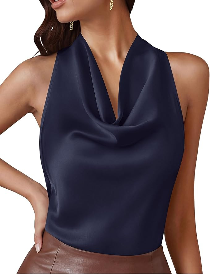 PRETTYGARDEN Silk Satin Halter Tops for Women Summer 2026 Cowl Neck Tie Back Going Out Sleeveless... | Amazon (US)
