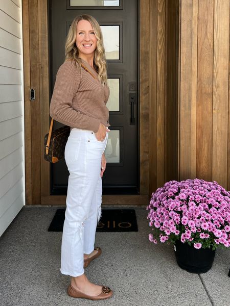 The ultimate fall outfit is a pair of white denim straight leg jeans and a cropped mixed stitch gap cardigan.

#LTKstyletip #LTKsalealert #LTKSeasonal