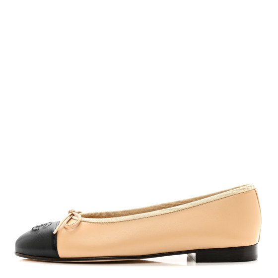 Lambskin Cap Toe CC Ballerina Flats 36.5 Beige Black | FASHIONPHILE (US)