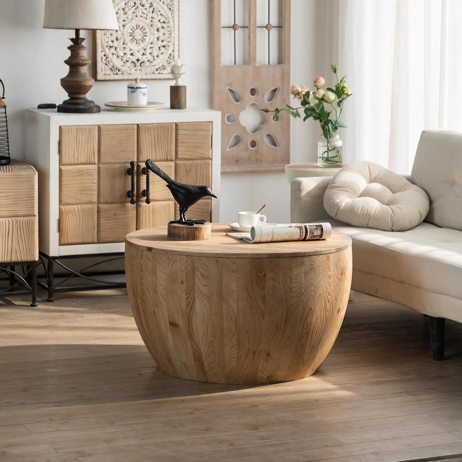 31.50" Solid Wood Round Coffee Table - Vintage Coffee Table Unique Drum Storage Wooden Coffee Table, Wooden Bucket Shaped Design Tea Table Bedside Table Center Table for Living Room Office (Natural) | Amazon (US)