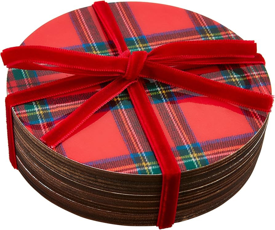 Mud Pie Tartan Lacquer Coaster, Red, 4" Dia | Amazon (US)