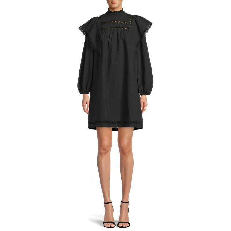The Get Women's Lace Trim Mini Dress with Long Sleeves - Walmart.com | Walmart (US)