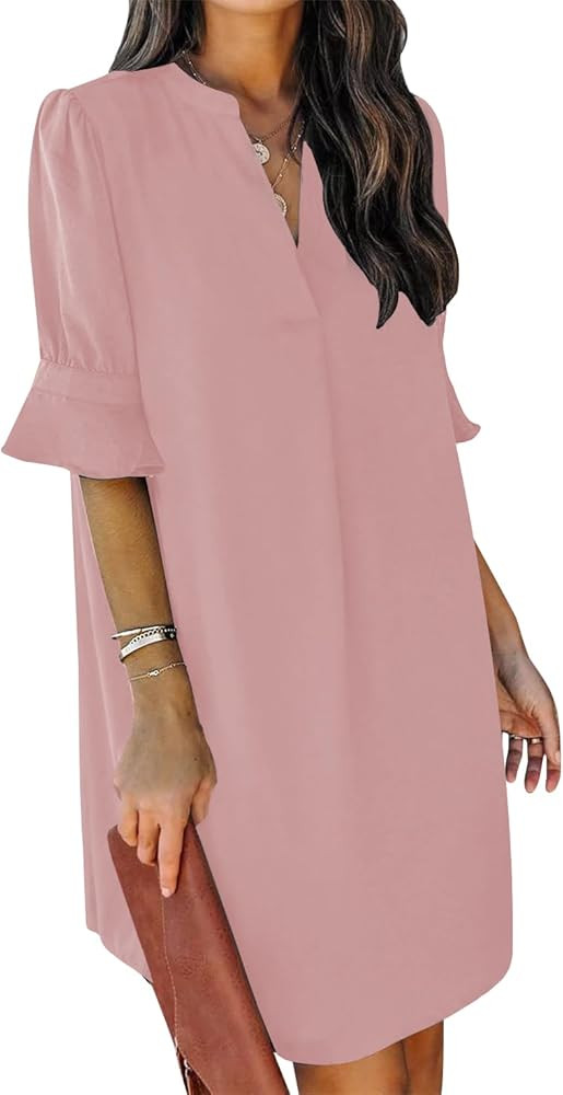 QACOHU Summer Dresses for Women V Neck Ruffle Short Sleeve Casual Shift Dress | Amazon (US)