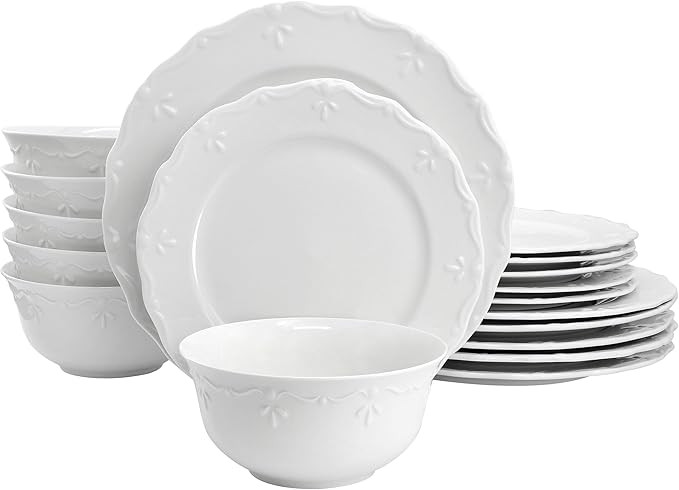 Elama Henryi 18 Piece Embossed Rim Detail Porcelain White Dinnerware Set, Tableware Set, Servewar... | Amazon (US)
