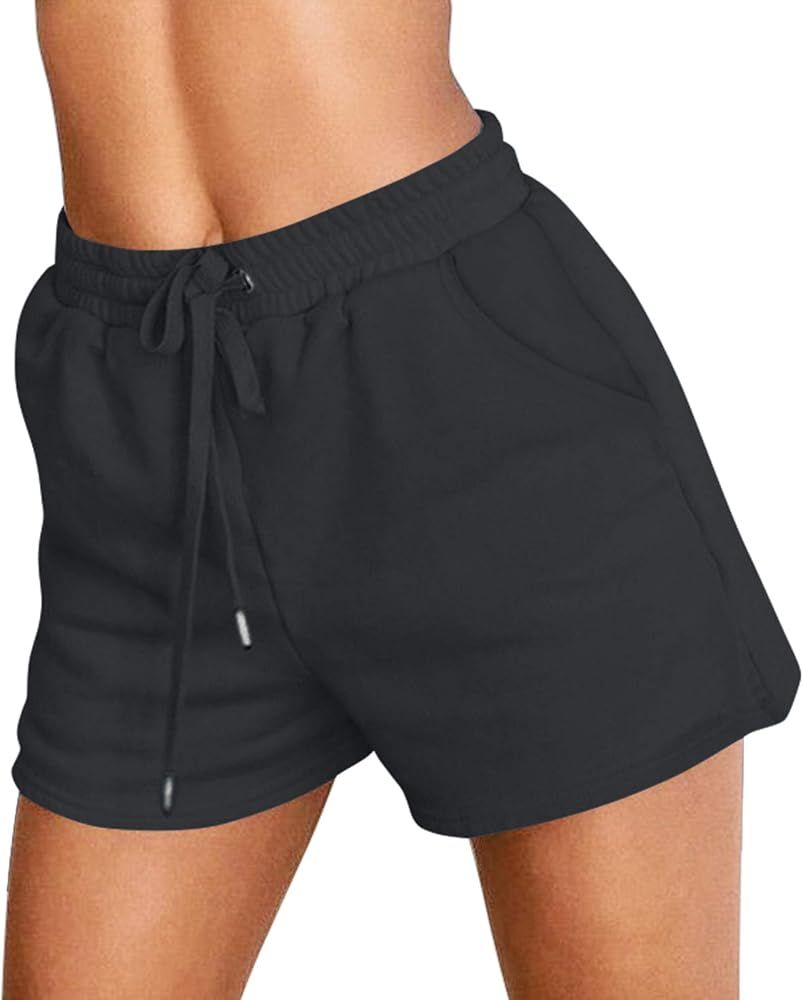 ZESICA Womens Comfy Sweat Shorts Summer Elastic Drawstring Waist Athletic Workout Beach Shorts with  | Amazon (US)