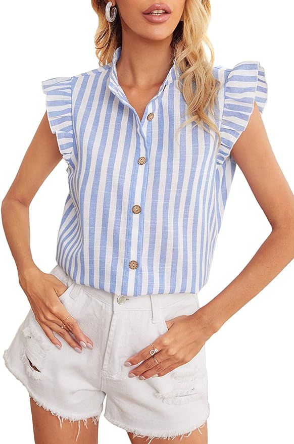Milumia Women Striped Button Down Collar Blouse Shirt Ruffle Cap Sleeve Work Office Top | Amazon (US)
