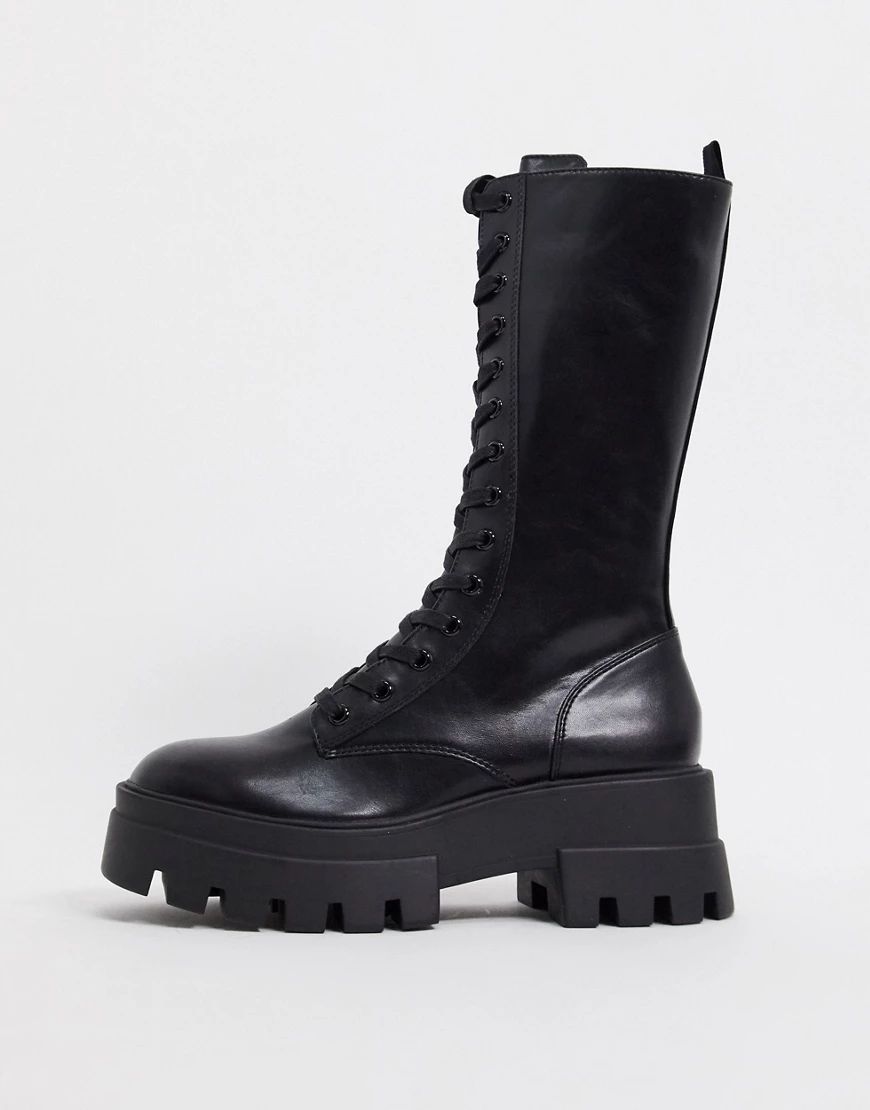 Pull&Bear lace up boot with cleated sole in black | ASOS (Global)