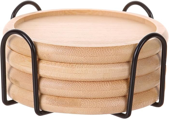 Bamboo 4 inch coaster [4 pcs] Coasters with Holder - Drinking Coasters - Cup Mat for Drinks - Liv... | Amazon (US)