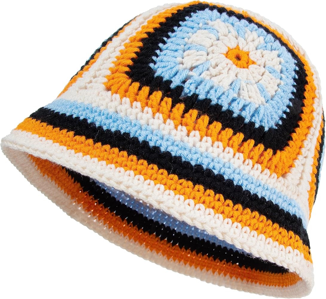 OSOPLAY Crochet Knitted Hat Handmande Bucket Hat Summer Floral Beanies Cap (Orange) | Amazon (US)