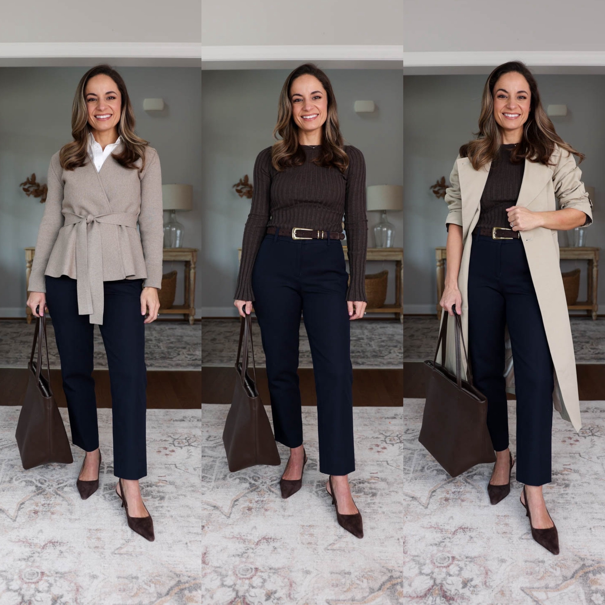 The 2026 Fall Workwear Capsule Wardrobe Series: outfits for work with navy straight pants! 

Navy Slim Pants (Ann Taylor): petite 00 (I’m wearing curvy, but linked both fits) / 9” rise / 25” inseam 

Orange Cardigan (Quince): xs 
Navy Sweater T-Shirt (Quince): xs 
Ivory Draped Top (Quince): xs 
Brown Ribbed Top (Quince): xs 
Wrap Cardigan (Aritzia): xs
White Button Down (J.Crew): petite 00 
Burgundy Short Sleeve Top (BR Factory): xxs 
Striped Button Down (Ann Taylor): xxs 
Brown Wide Leg Pants (BR Factory): petite 00 (doubleweave is sold out in brown, linking in black, similar option in the Hayden Pants)
Wide Leg Jeans (J.Crew Factory): petite 24 
Burgundy Wide Leg Pants (BR Factory): petite 00 
Olive Cropped Flare Pants (J.Crew): petite 0 
Tan Blazer (J.Crew): petite 00 
Navy Blazer (J.Crew): petite 00 
Trench Coat (J.Crew): petite 00 

For size comparison, I’m 4’10” 105lbs. My measurements are 32”, 24”, 36”. I typically wear petite xxs/00/24 and have a 25” ankle inseam and a 27.5-28” full length inseam.

#LTKPetite #LTKWorkwear