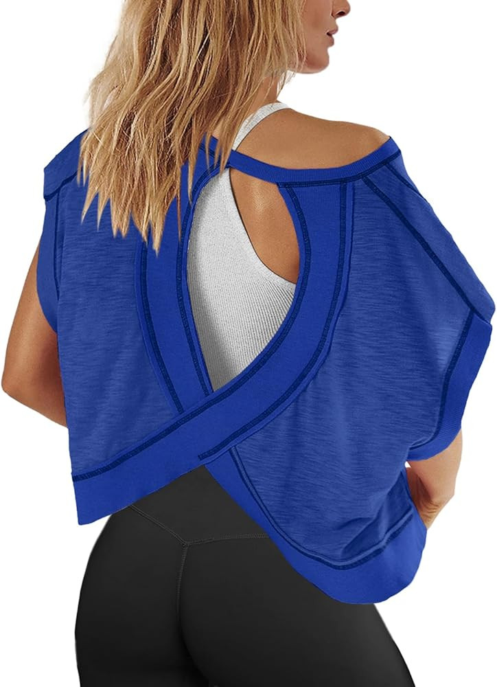 Panadila Womens Open Back Workout Top Oversized Workout T Shirts Backless Athletic Shirt Short Sl... | Amazon (US)