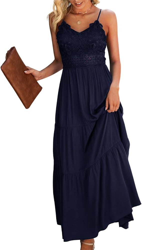 Dokuritu Women's Beach Crochet Lace Maxi Dress Solid Color Summer Vacation Wedding Guest Spaghett... | Amazon (US)