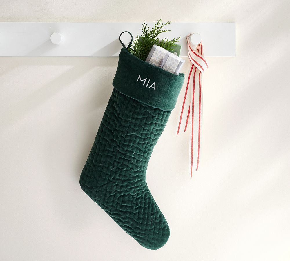 Hunter Green Channel Quilted Velvet Stocking | Pottery Barn (US)