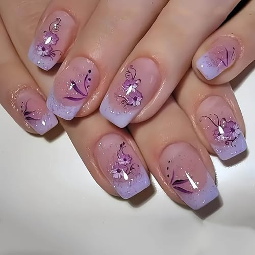 Press on Nails Medium Purple French Tip Fake Nails Glitter Square False Nails with Purple Flower Designs Glue on Nail Glossy Artificial Nails Acrylic Natural Stick on Nail for Women Girls 24Pcs | Amazon (US)