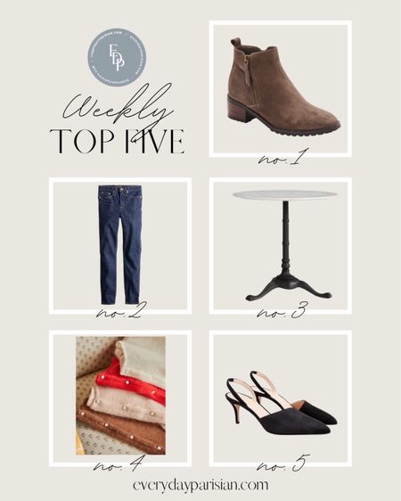 This week’s best sellers! The Gaspard sweater from Sézane is a classic French essential. The sling backs from J.Crew are beautiful for the fall. The Pottery Barn marble table will instantly transport you to a Parisian bistro. 

#LTKhome #LTKstyletip