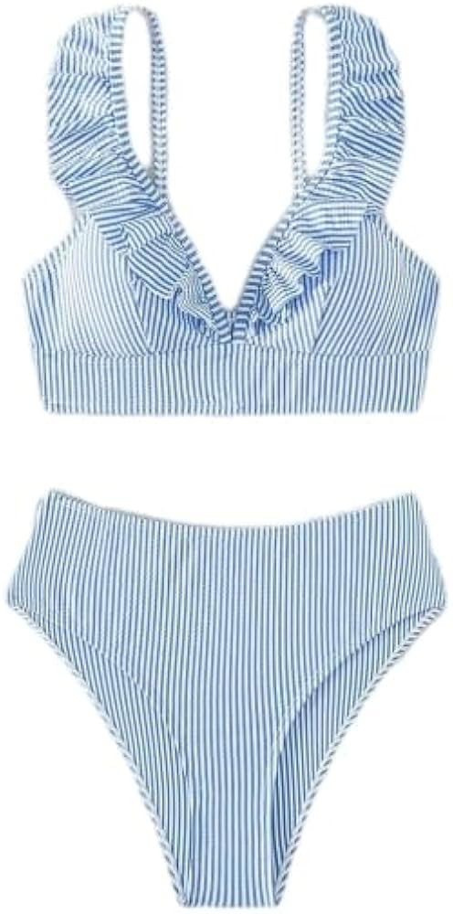 Women's Swimsuits High Waisted Bikini Sets with Ruffle V Neck Bathing Suits for Trendy Beach | Amazon (US)