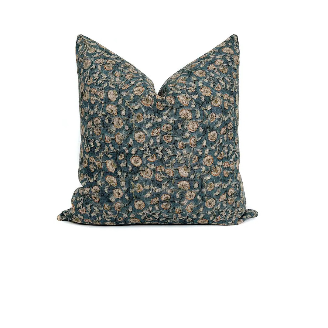 Floral Pillow Cover Cotton Linen Blend Blue Teal Brown Rustic Shabby Chic Botanical Cushion Case ... | Etsy (US)