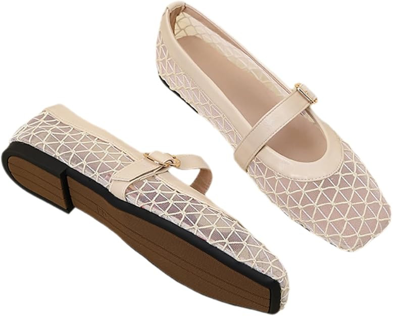 Womens Mary Janes Mesh Flats Shoes Comfortable Buckle Strap Close Square Toe Ballet Flats Comfy C... | Amazon (US)