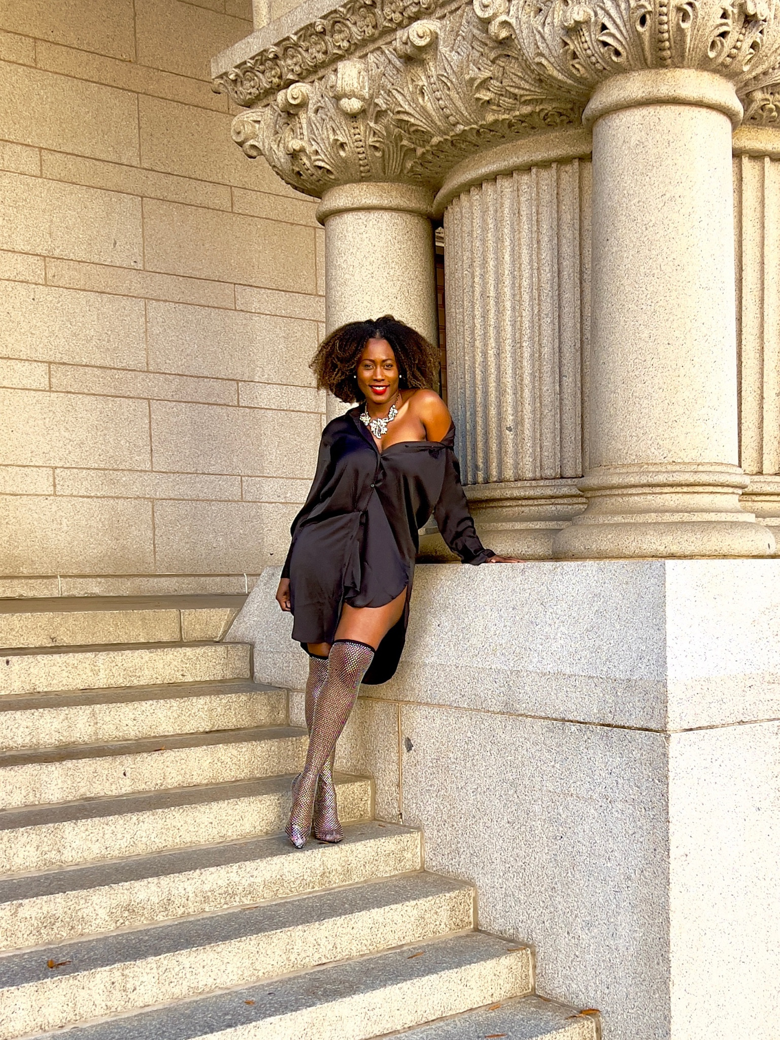 oversized shirt dress with knee high boots Oversized T-shirt dress with over the knee boots