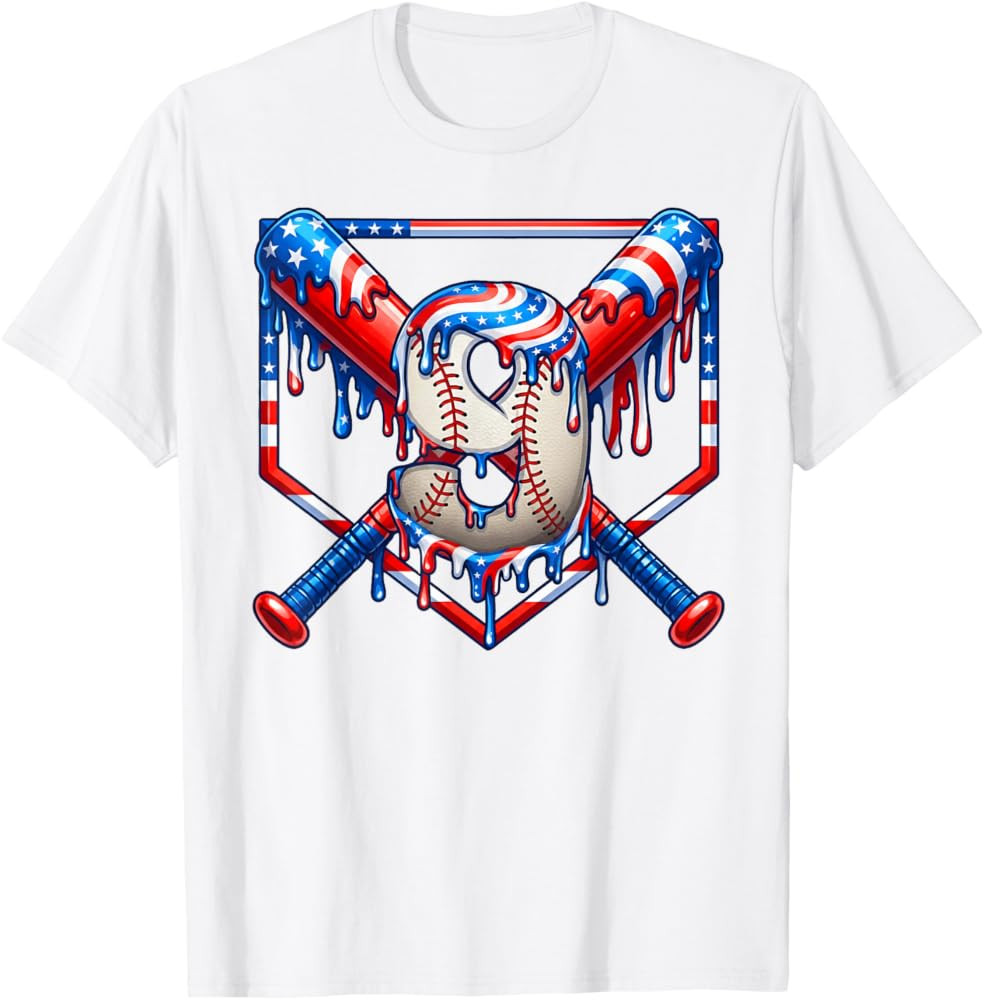 Kids 9th Birthday Baseball drip USA Flag Boy Nine 9 Year Old T-Shirt | Amazon (US)