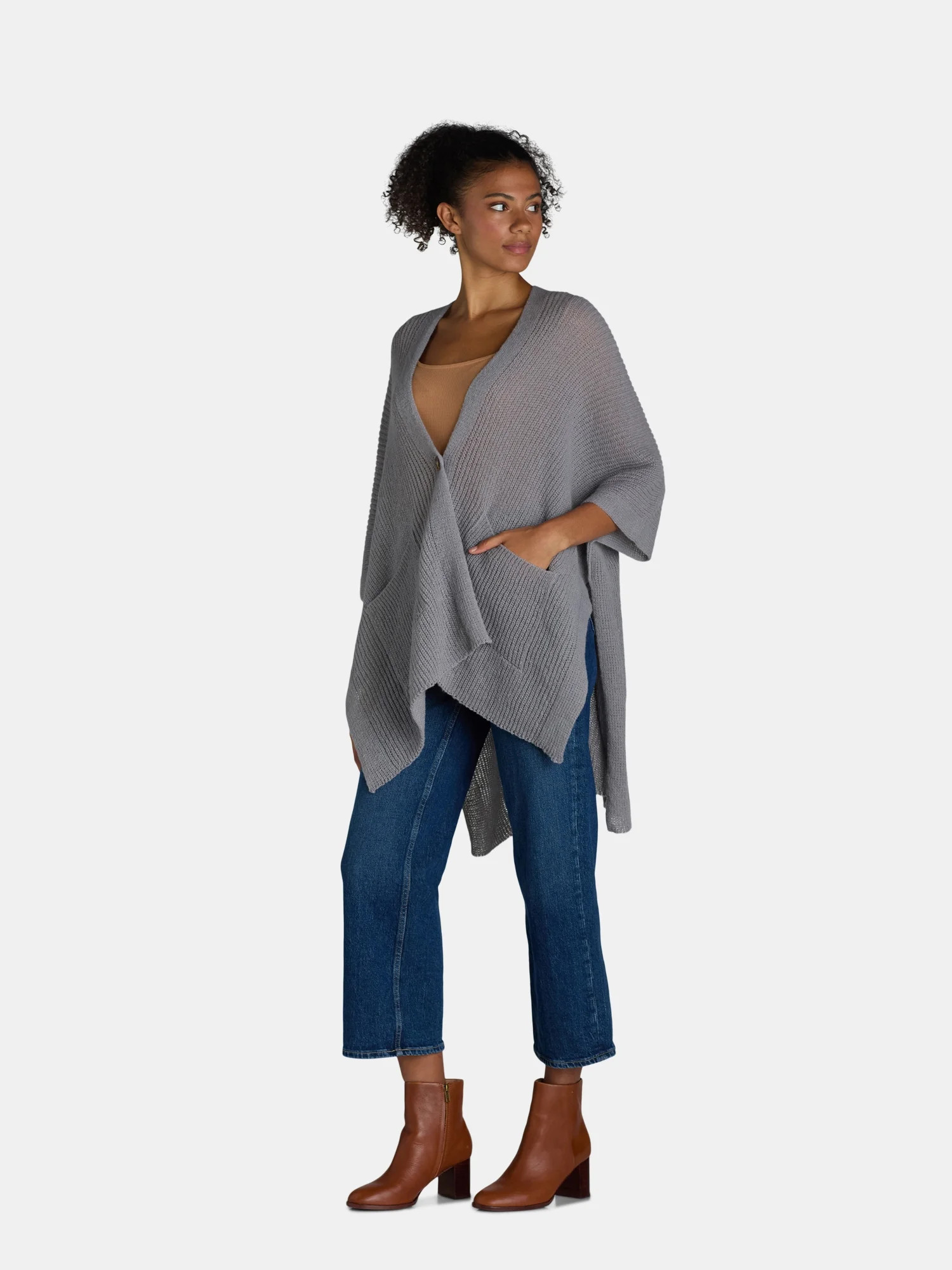 Time and Tru Women's Knit Fashion Ruana with Single Button, One Size, Heather Grey - Walmart.com | Walmart (US)