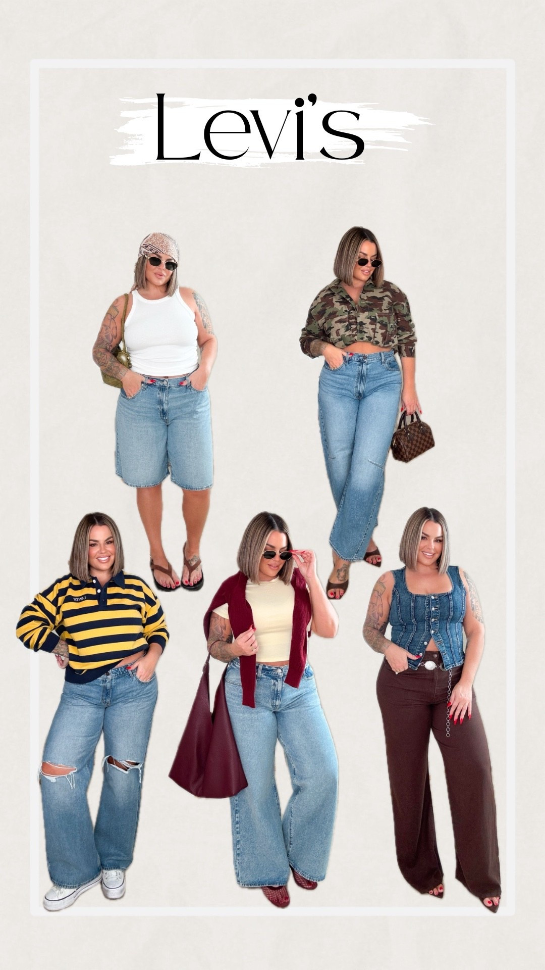 @levis #levisltkpartner 

White tank L 
Jorts sized up to 33 for baggy fit 
Camo jacket L 
Barrel jeans size up at least one size if not 2 I sized up 2 sizes in these wearing a 33. 
Stripe sweatshirt L 
Low rise also size up 2 sizes I’m doing 33 
Yellow tee L 
Burgundy sweater L 
Midsize jeans size up one size wearing a 32X31 length .
Linen pants size up one size im wearing 32x32 length LOVE these so lightweight and comfy
Denim vest L