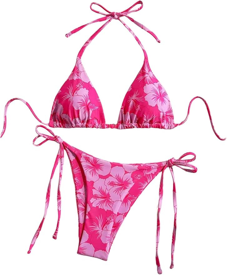 Women's 2 Piece Bikini Sets Floral Halter Bras and Tie Side Thongs Summer Beach Outfits | Amazon (US)