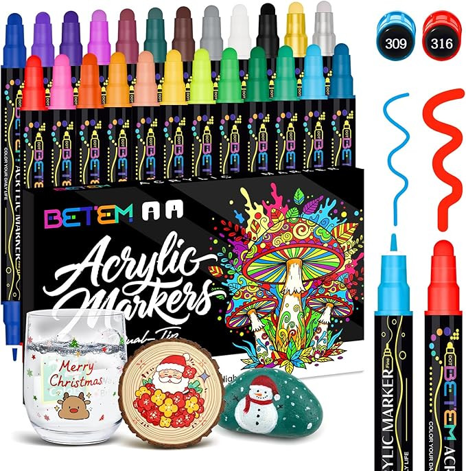 Betem 24 Colors Dual Tip Acrylic Paint Pens Markers, Premium Acrylic Paint Markers Stocking Stuff... | Amazon (US)