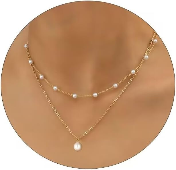 Gold Pearl Necklace for Women, 14K Gold Plated Layered Pearl Necklaces for Women Trendy Simple He... | Amazon (US)