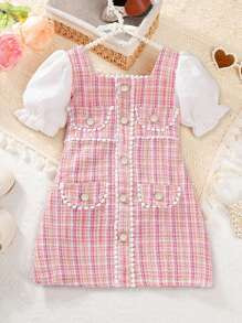 Young Girl Elegant Puff Sleeve Plaid Dress With Pearl Button, Summer | SHEIN