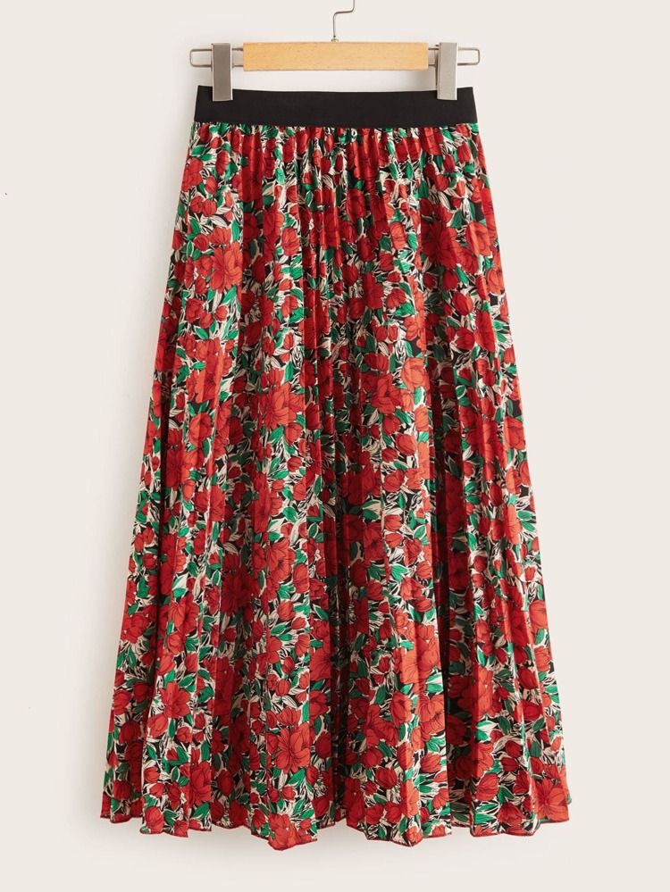 Allover Floral Print Pleated Midi Skirt | SHEIN