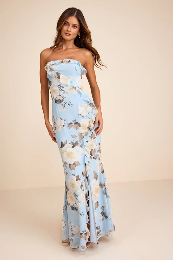 Excellent Sensation Blue Floral Strapless Ruffled Maxi Dress | Lulus