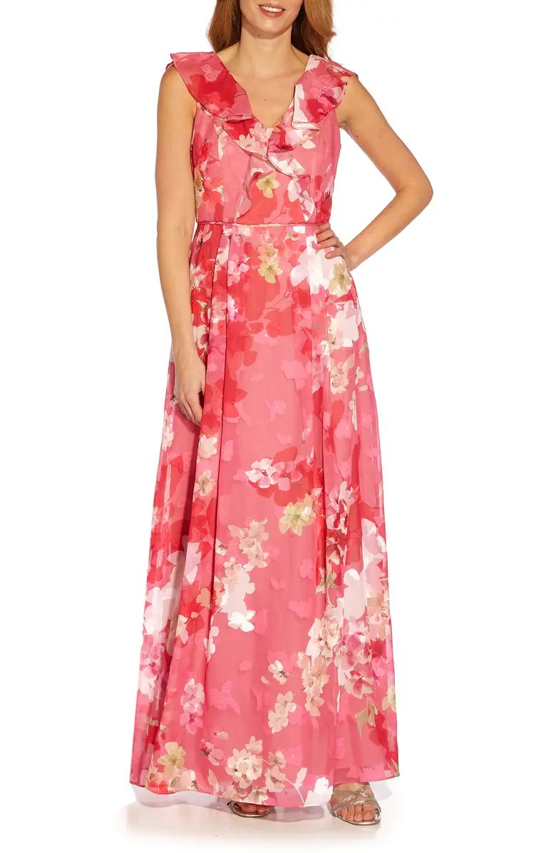 Floral Jacquard Ruffle Gown | Nordstrom