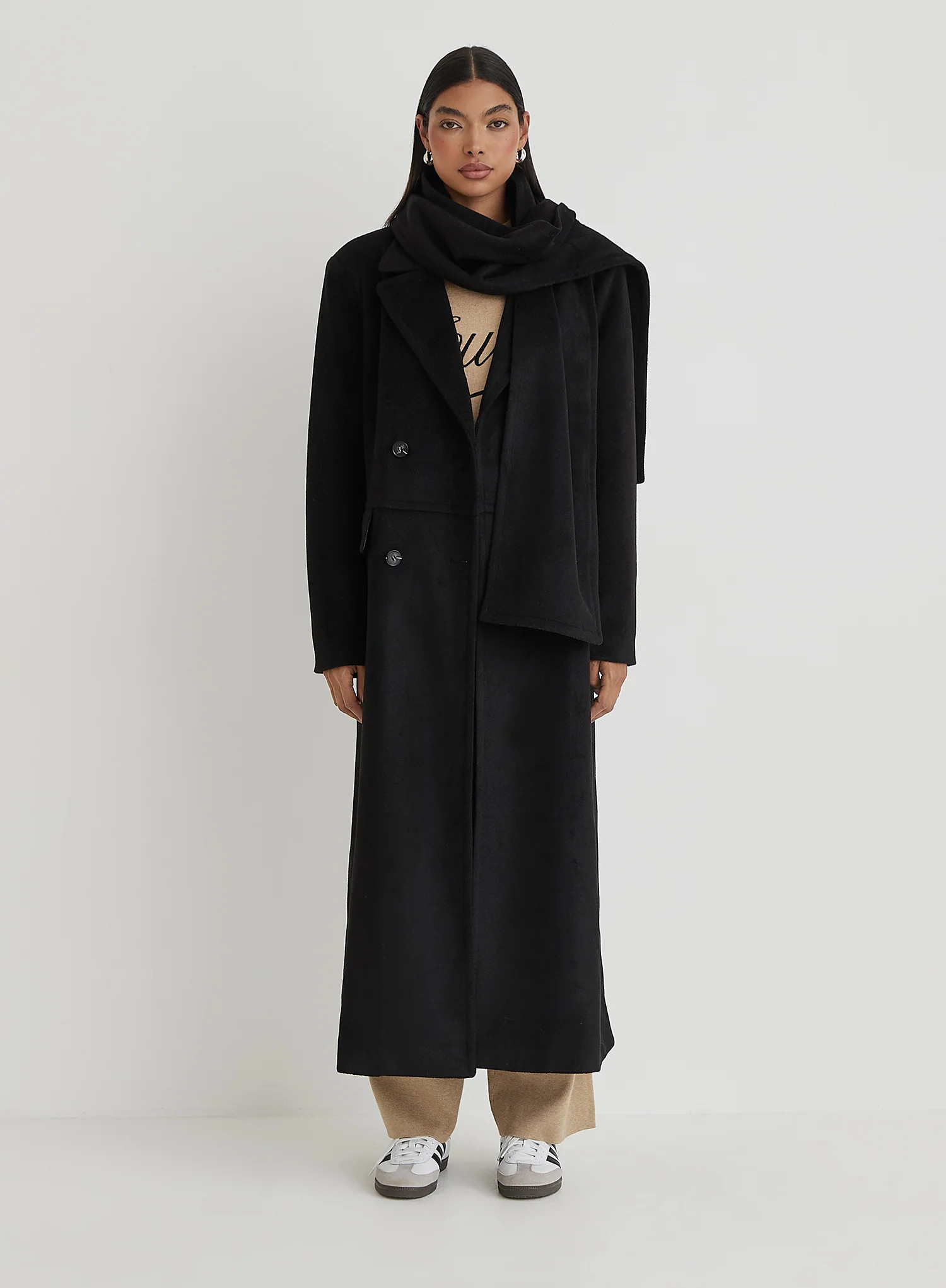 Black Tailored Oversized Maxi Coat With Scarf- Melia | 4th & Reckless